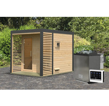 Saunahaus Karibu Hybrid 2 inkl. 9 kW Bio Ofen u.ext. Steuerung mit Fenster und Ganzglastür aus Klarglas Metallumrahmung anthrazit