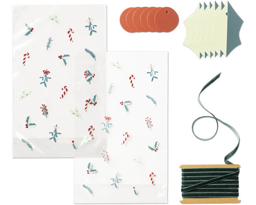 Geschenktüten mit weihnachtlichen Motiven, Geschenkanhänger, Geschenkband