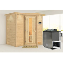Elementsauna Karibu Melanit 1 inkl.9 kW Bio Ofen u.ext.Steuerung mit Dachkranz und Holztüre mit Isolierglas wärmegedämmt