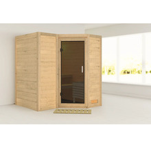 Elementsauna Karibu Melanit 1 ohne Ofen und Dachkranz mit graphitfarbiger Ganzglastüre