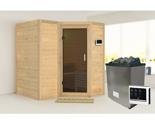 Sauna mit Holzverkleidung, Glastür und Saunaofen