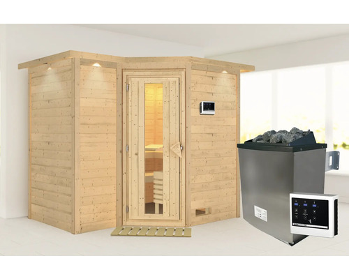 Massivholzsauna Karibu Melanit 2 inkl. 9 kW Ofen u.ext.Steuerung mit Dachkranz und Holztüre mit Isolierglas wärmegedämmt