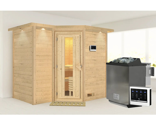 Massivholzsauna Karibu Melanit 2 inkl. 9 kW Bio Ofen u.ext.Steuerung mit Dachkranz und Holztüre mit Isolierglas wärmegedämmt