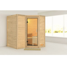 Elementsauna Karibu Melanit 1 ohne Ofen und Dachkranz mit Ganzglastüre aus Klarglas