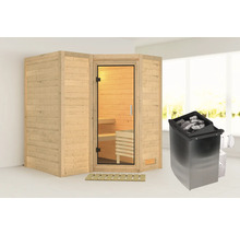 Elementsauna Karibu Melanit 1 inkl.9 kW Ofen u.integr.Steuerung ohne Dachkranz und Ganzglastüre aus Klarglas