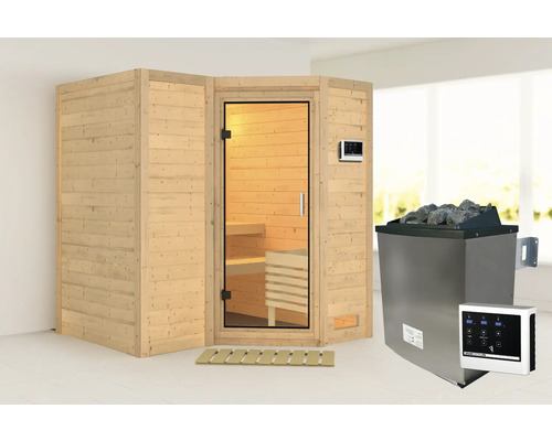 Elementsauna Karibu Melanit 1 inkl.9 kW Ofen u.ext.Steuerung ohne Dachkranz und Ganzglastüre aus Klarglas