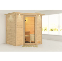 Elementsauna Karibu Melanit 1 ohne Ofen mit Dachkranz und Ganzglastüre aus Klarglas
