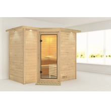 Elementsauna Karibu Melanit 2 ohne Ofen mit Dachkranz und Ganzglastüre aus Klarglas