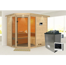 Holzsauna mit Glastür und Saunaofen