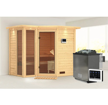 Elementsauna Karibu Limonit inkl. 9 kW Bio Ofen u.ext.Steuerung mit Dachkranz und bronzierter Ganzglastüre