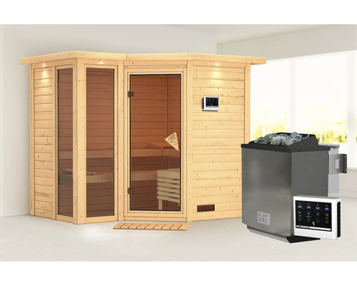 Elementsauna Karibu Limonit inkl. 9 kW Bio Ofen u.ext.Steuerung mit Dachkranz und bronzierter Ganzglastüre