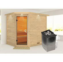 Ecksauna aus Holz mit Glastür und Saunaofen