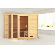 Freistehende Holzsauna mit Glastür und Fenster