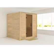 Holzsauna mit Glastür und Holzrost