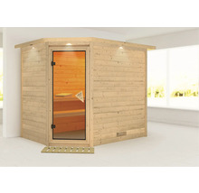 Holzsauna mit Glastür und Innenbeleuchtung