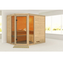 Ecksauna aus Holz mit Glastür und Bänken