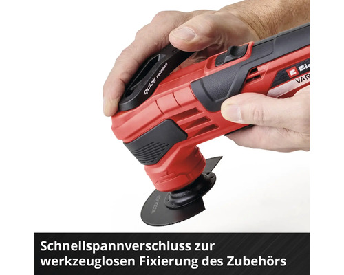 Einhand-Schnellspannverschluss am roten Multifunktionswerkzeug für werkzeuglosen Zubehörwechsel