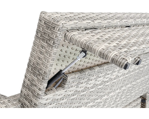 Detailansicht eines Gartenmöbelstücks mit Flechtstruktur und Hebemechanismus.