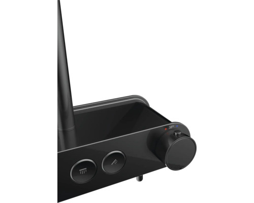 Detailansicht eines Duschsystems mit Bedienelementen zur Steuerung von Temperatur und Strahlart.