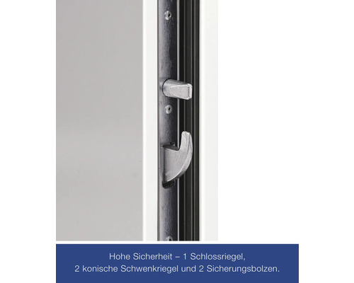 Detailansicht eines Türschlosses mit einem Schlossriegel, zwei konischen Schwenkriegeln und zwei Sicherheitsbolzen