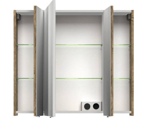 Offener Spiegelschrank mit Holzrahmen und Glasablagen