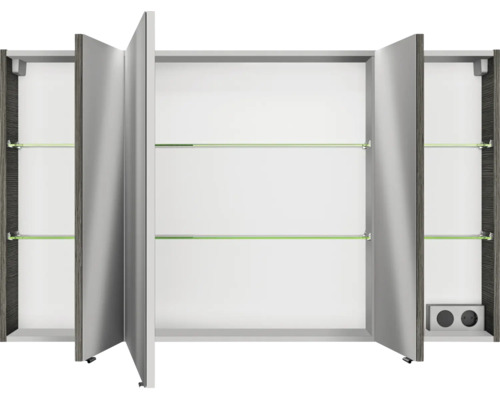 Offener Spiegelschrank mit drei Türen und Glasablagen für das Badezimmer