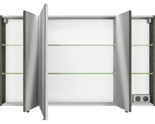 Offener Spiegelschrank mit drei Türen und Glasablagen