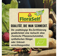 FloraSelf Logo mit dem Text: Qualität, die man schmeckt. Bio-Zertifizierung garantiert Anbau ohne chemische Pflanzenschutzmittel, synthetischen Dünger oder Unkrautvernichtungsmittel.