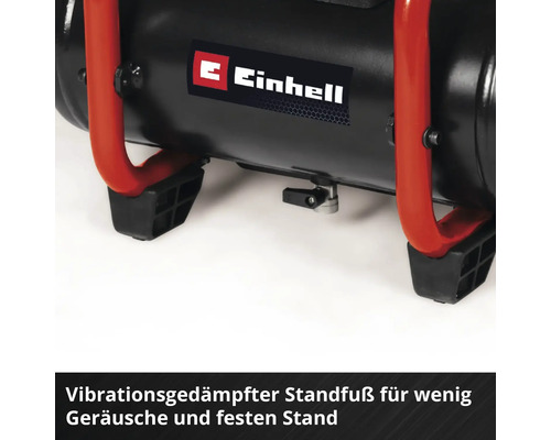 Einhell Logo auf einem Kompressor mit vibrationsgedämpften Füßen.