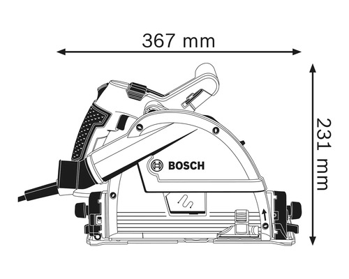 Technische Zeichnung einer Mauernutfräse von Bosch mit den Maßangaben 367 mm Breite und 231 mm Höhe