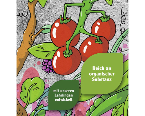 Illustration mit Tomaten, Blättern und der Aufschrift ''Reich an organischer Substanz'' und ''mit unseren Lehrlingen entwickelt''