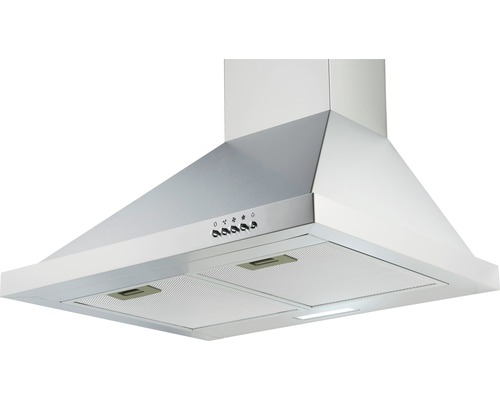 Dunstabzugshaube aus Metall mit Bedienelementen und Beleuchtung