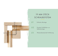 19 Millimeter Steckschraubsystem mit einfacher Montage, einzelnen Profilhölzern zur Selbstmontage und wasserabweisender Profilierung.