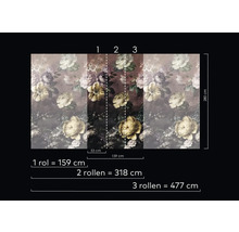 Fototapete mit floralem Muster und Größenangaben.