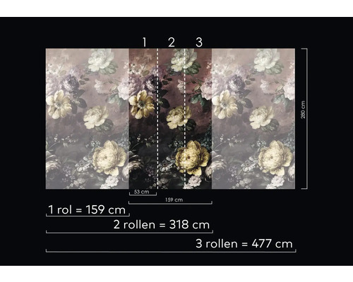 Fototapete mit floralem Muster und Größenangaben.