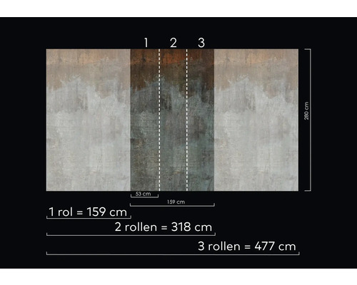 Tapetenmuster mit Angaben zu Rollenbreite und -länge
