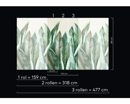 Fototapete mit Blättermuster und Größenangaben