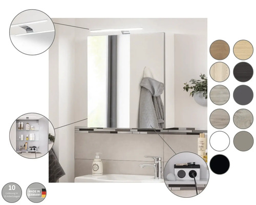 Spiegelschrank mit Beleuchtung über einem Waschbecken im Badezimmer