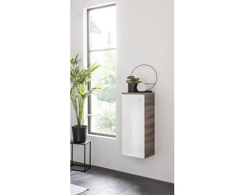 Badezimmer mit einem Hängeschrank in Weiß und Holzoptik, dekoriert mit einer Pflanze und einem dekorativen Objekt.