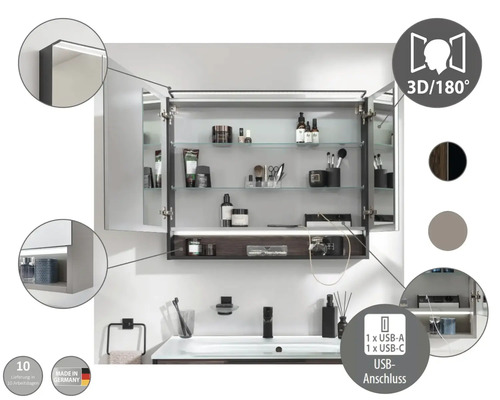 Spiegelschrank mit offenem Fach, USB-Anschluss, LED-Beleuchtung und Made in Germany Siegel