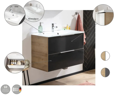 Waschbeckenunterschrank mit zwei Schubladen, Glaswaschtisch und Mineralgussbecken