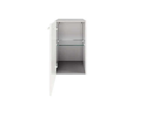 Offener weißer Spiegelschrank mit Glasablage