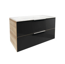 Waschtischunterschrank mit zwei Schubladen und einer Waschbeckenmulde.