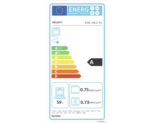 Energielabel für Exquisit EHE 156-2.1U Backofen mit Energieeffizienzklasse A, 59 Liter Volumen und Energieverbrauch von 0.75 kWh pro Zyklus im konventionellen Modus