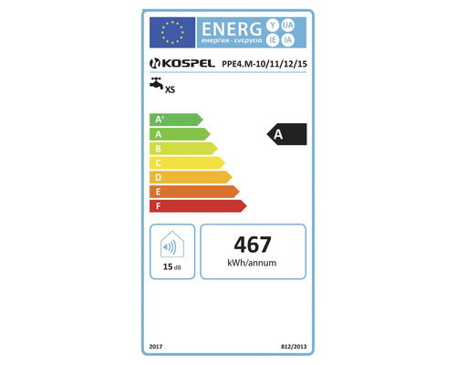 Energielabel für Kospel Durchlauferhitzer PPE4.M-10/11/12/15, Energieeffizienzklasse A, 467 Kilowattstunden pro Jahr, 15 Dezibel