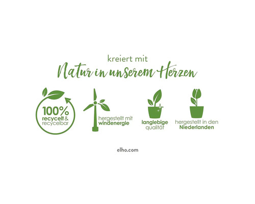 Symbole für hundertprozentig recycelt und recycelbar, hergestellt mit Windenergie, langlebige Qualität und hergestellt in den Niederlanden