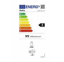 Amica Energielabel mit Energieeffizienzklasse E, einem jährlichen Energieverbrauch von 95 Kilowattstunden, einem Fassungsvermögen von 158 Litern und einer Geräuschemission von 38 Dezibel.