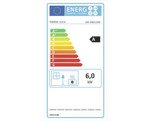 Energielabel mit der Energieeffizienzklasse A und einem Wärmeleistung von 6,0 Kilowatt
