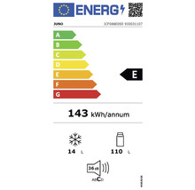 Juno Energielabel mit der Energieeffizienzklasse E, einem jährlichen Energieverbrauch von 143 Kilowattstunden, 14 Liter Gefriervolumen, 110 Liter Kühlvolumen und einer Geräuschemission von 36 Dezibel