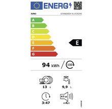 Juno Energieeffizienzlabel mit der Klasse E, Stromverbrauch 94 Kilowattstunden pro 100 Spülgänge, 13 Maßgedecke, Wasserverbrauch 9,9 Liter, Geräuschpegel 47 Dezibel, Programmdauer 3 Stunden 47 Minuten